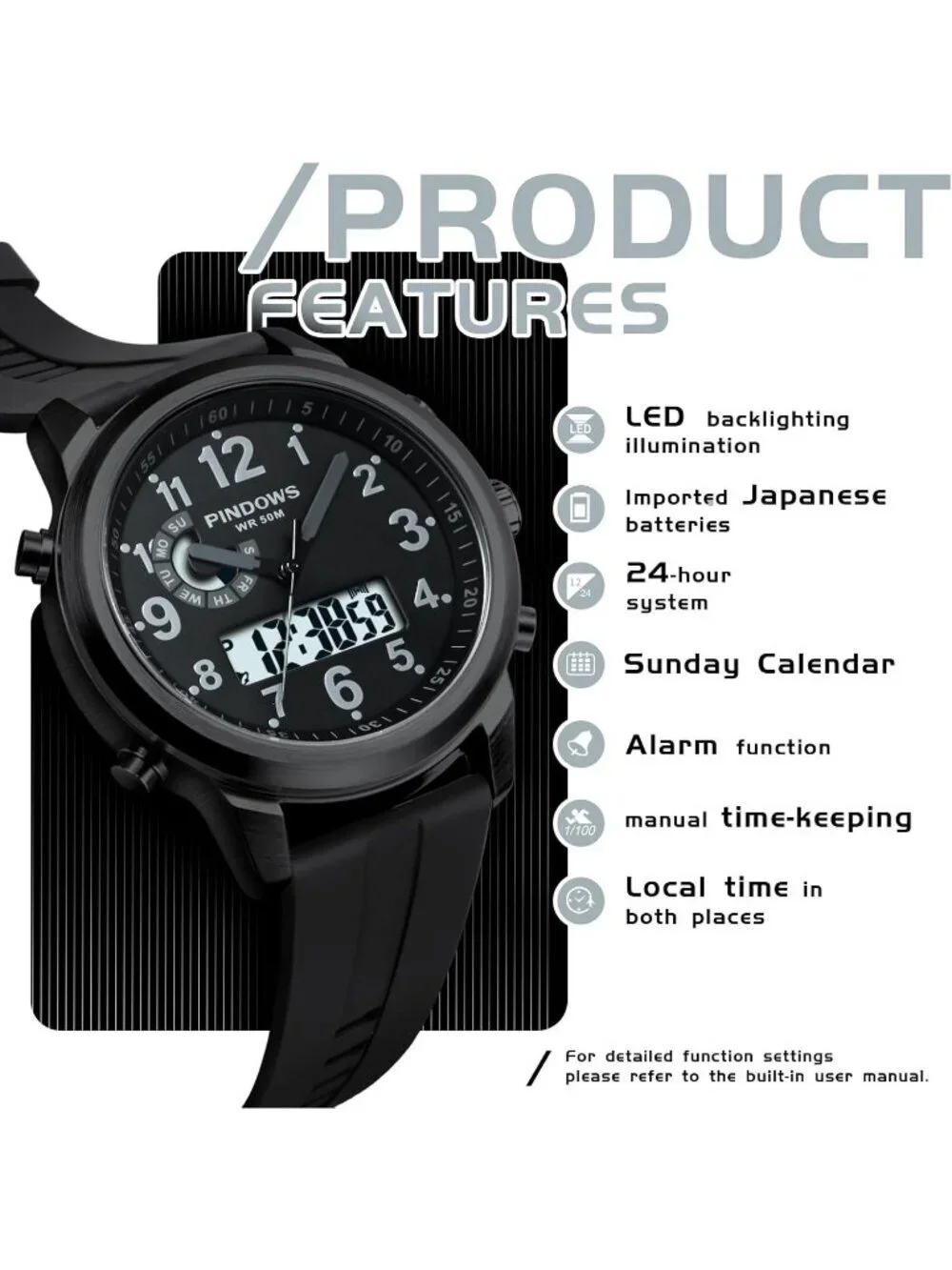 Mens Black Analog Quartz Waterproof Military Multifunctional LED Digital Watch
